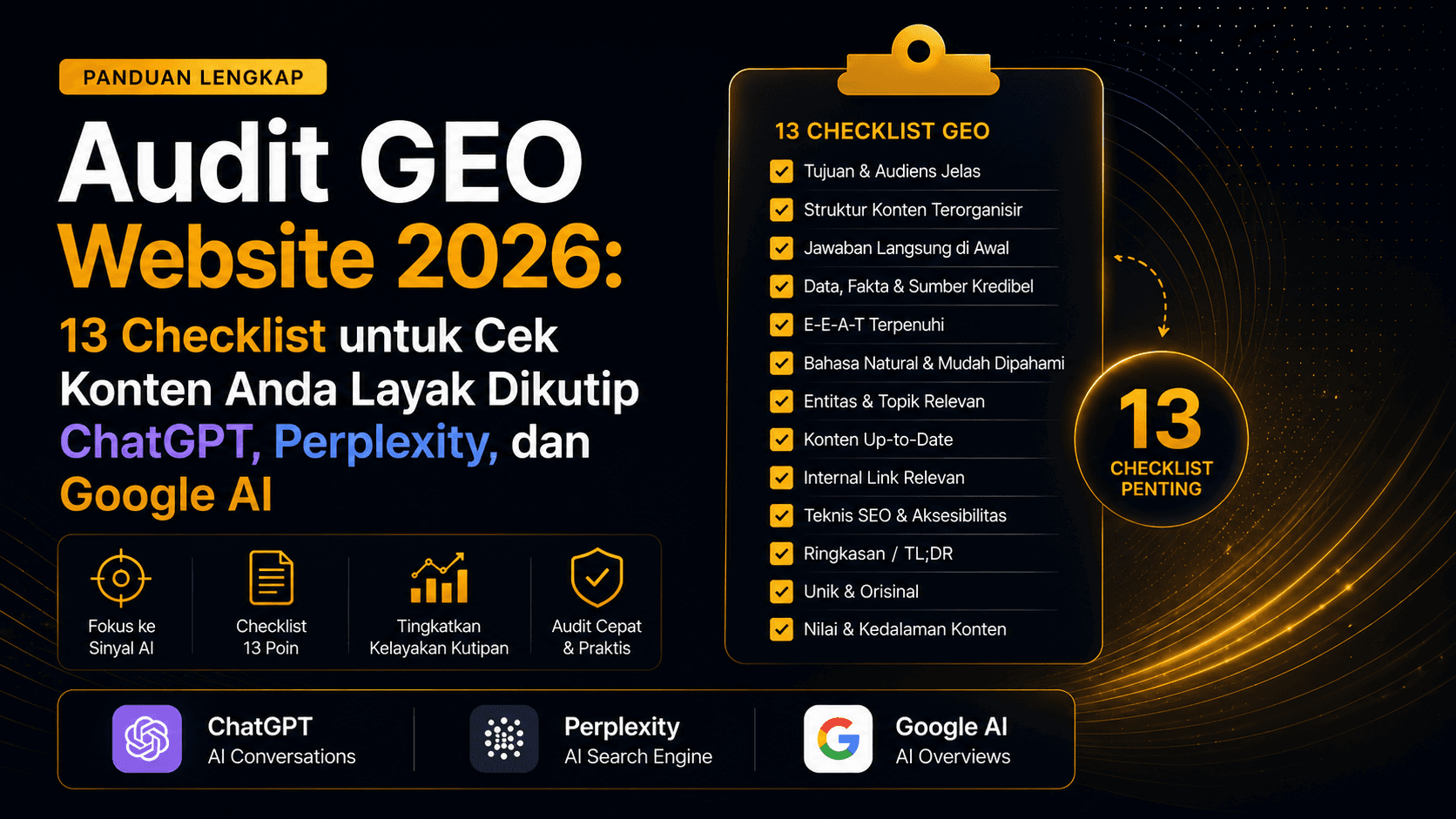 Audit GEO Website 2026: 13 Checklist untuk Cek Konten Anda Layak Dikutip ChatGPT, Perplexity, dan Google AI
